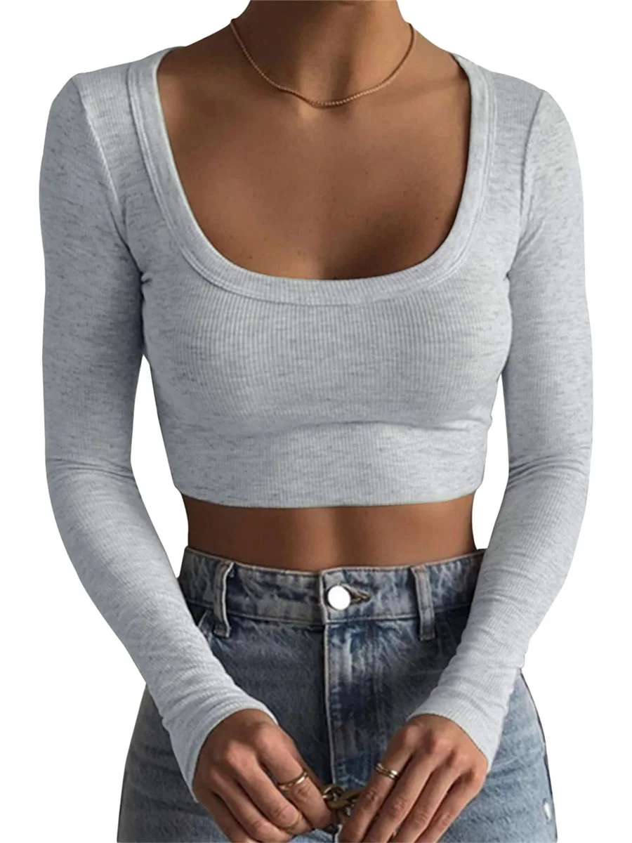 2023ONeckRibbedKnittedLongSleeveShirtsWomenSexyCroppedTops