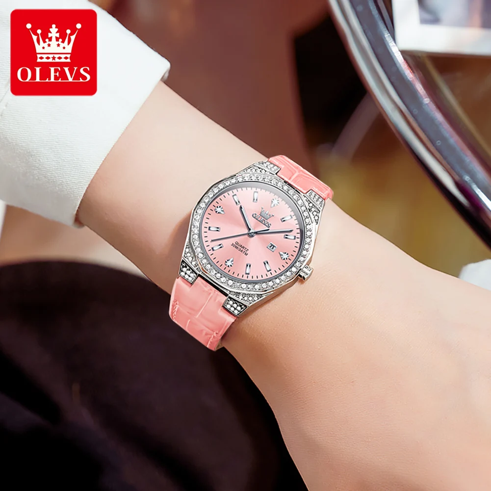 OLEVS 5606 Original Quartz Watches For Women Fashion Luxury Diamond Dial Auto Date Waterproof Leather Strap Ladies Wristwatches
