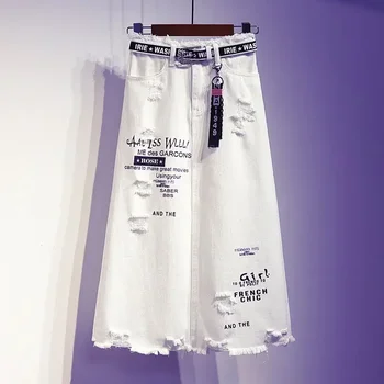 2021 New Women Skirt White Denim Long Skirts Letter Print Korean Style Fashion Hole Oversize Plus Size Female Skirts