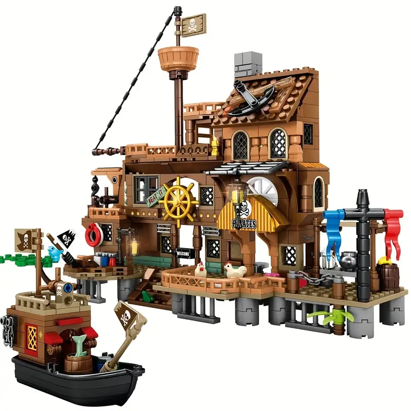 Creative Medieval Pirate Island Fortress Castle Building Blocks Adventure Ship Log Cabin Model Boat Assemble Bricks Toy Kid Gift 3