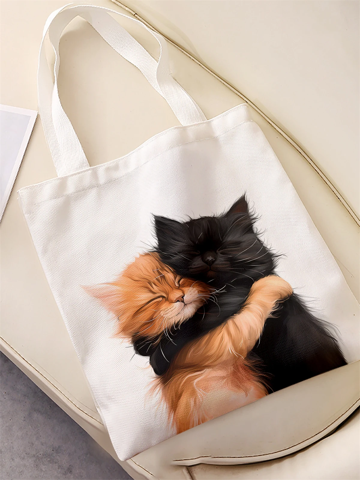 Cat pattern printed casual handbag, reusable fashionable backpack, multifunctional handbag, canvas shopping bag