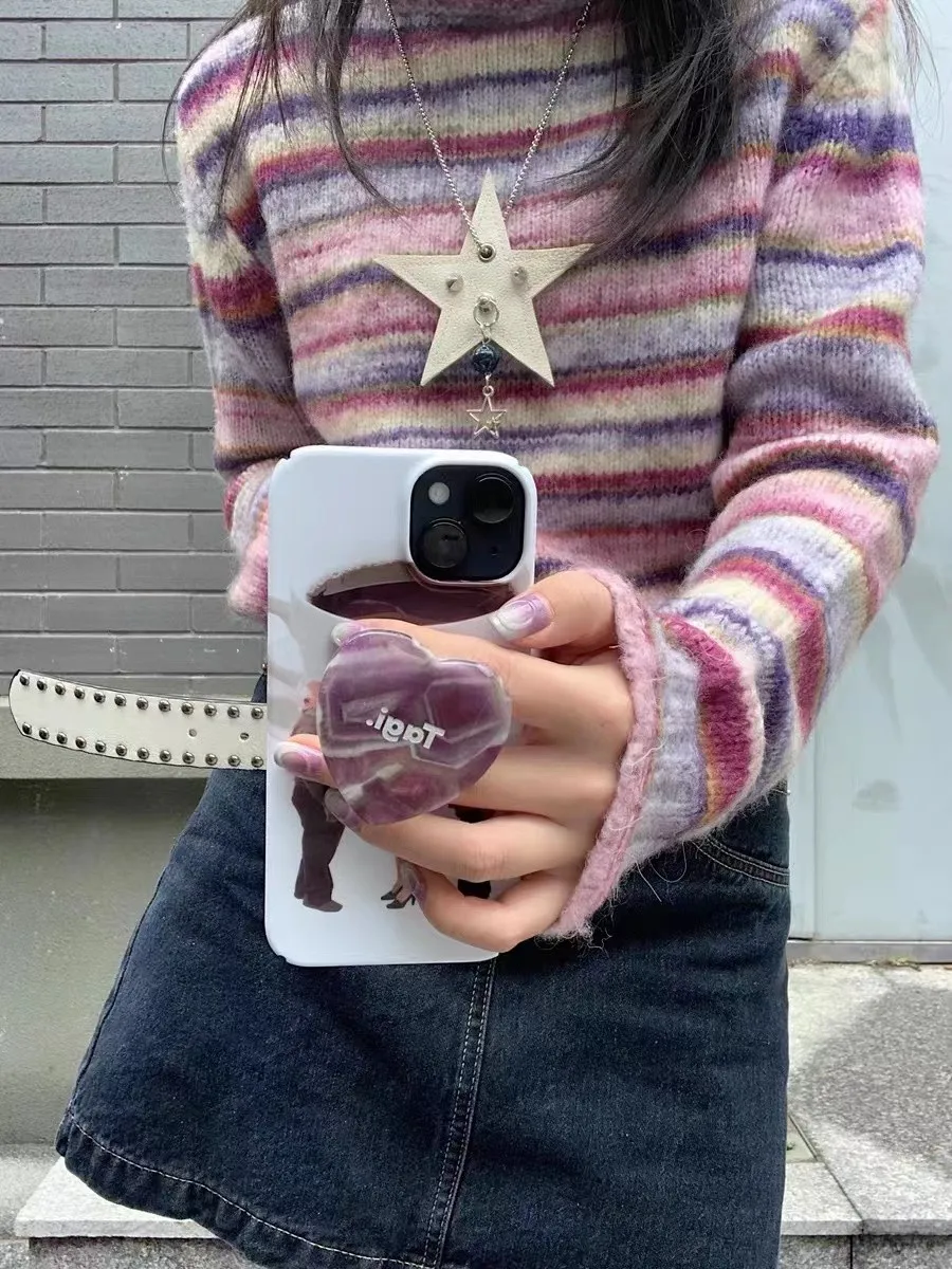 Karrram Japanese Y2k Turtleneck Sweater Vintage Rainbow Striped Pullover Korean Fashion Knitted Jumper Harajuku Grunge Knitwear