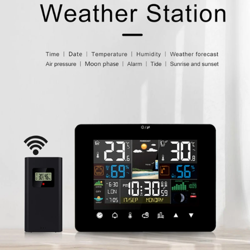 

Wireless Weather Station Thermometer Hygrometer Forecaster with Sensor Indoor Outdoor Color Touch Screen Alarm Clock Calendar