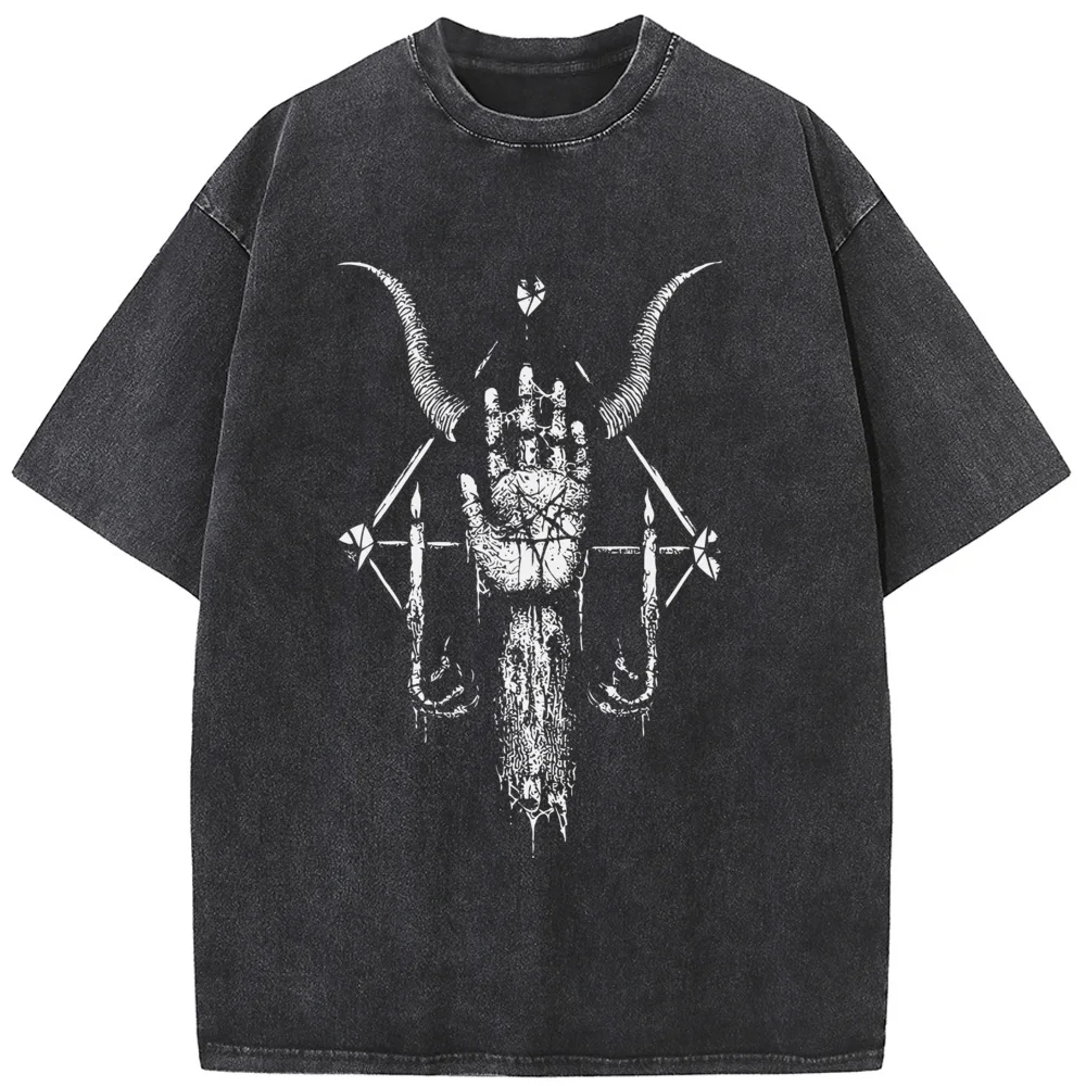 

Men's Dark Devil Arm Short-Sleeved Shirt 230 Grams Of High-Quality Washed Old Tshirt 100% Cotton Casual Tees