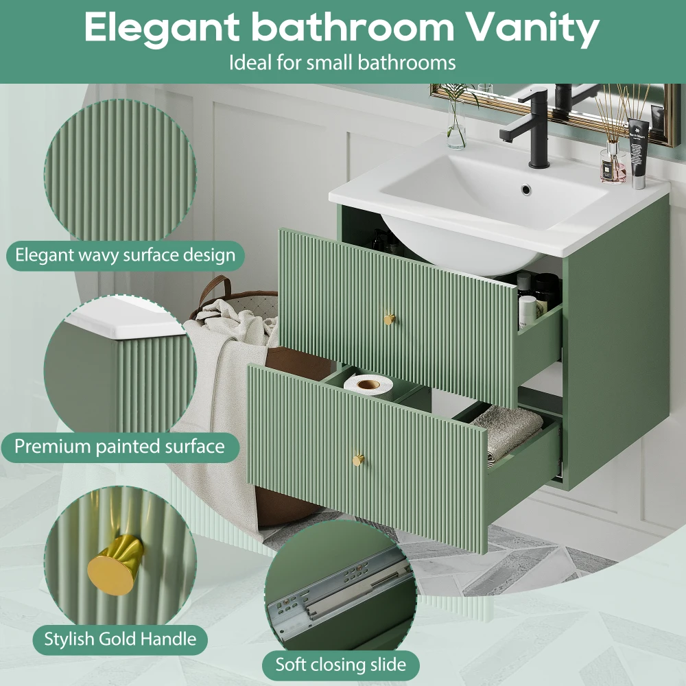 24 Inch Wall Mounted Bathroom Vanity with 2 Drawers - Ideal for Small Bathrooms，Single Sink Bathroom Vanity，Lava Manos De Baño 4