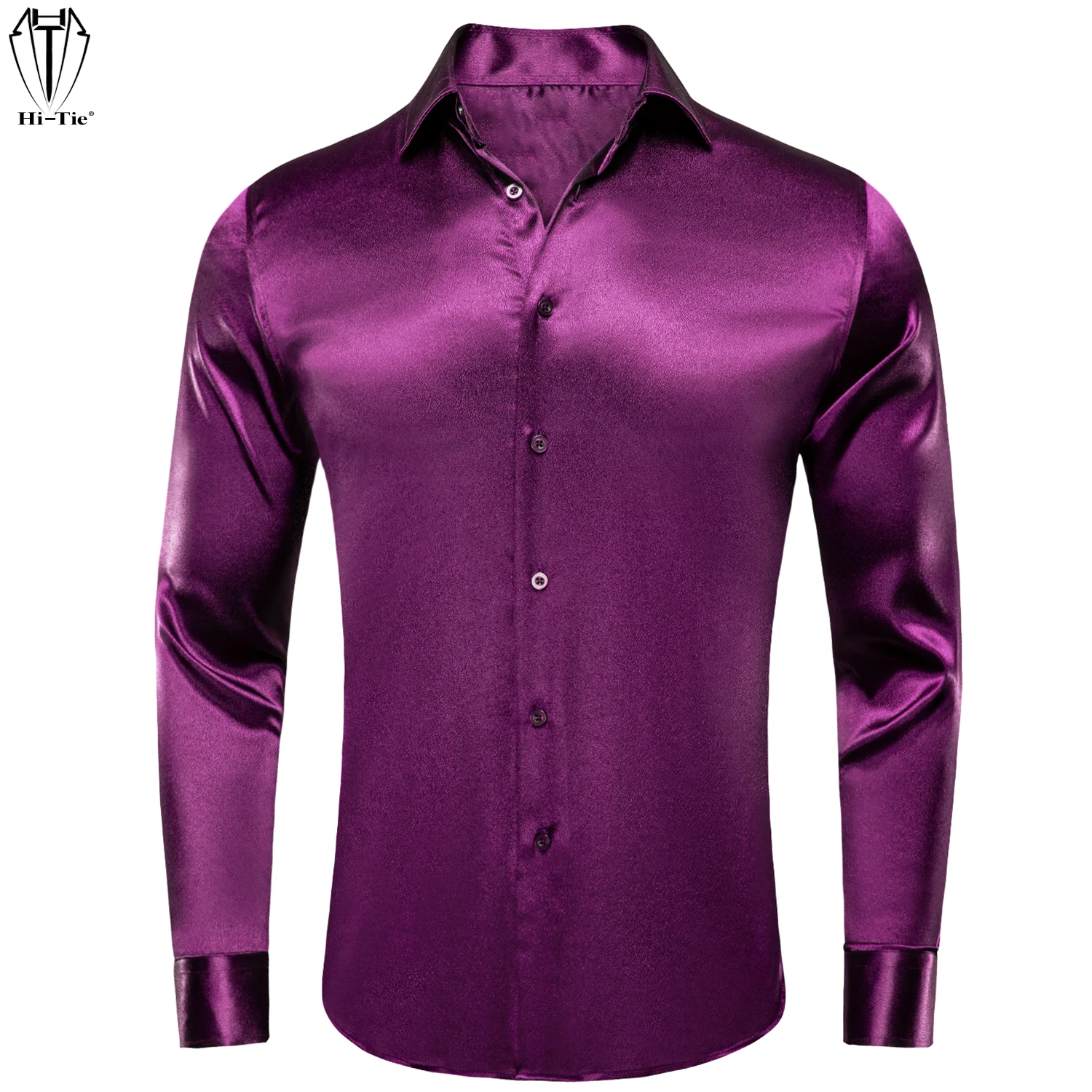 Hi-Tie Luxury Plain Silk Mens Dress Shirts Long Sleeve Pure Purple Red Solid Suit Shirt Casual Formal for Wedding Business Gift