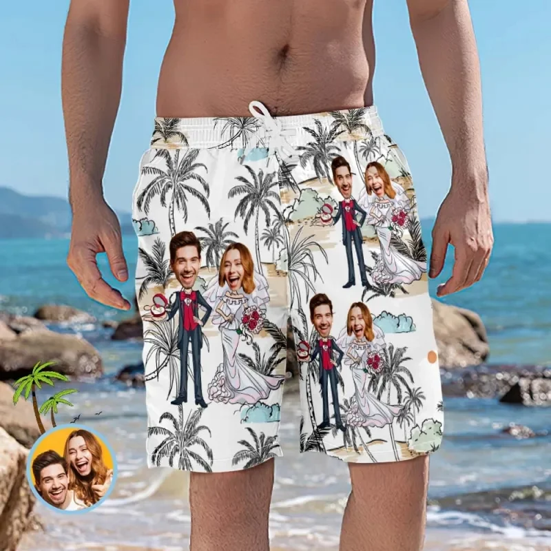 Custom Couple Face Beach Shorts Romantic Wedding Short Pants Funny Pineapple Shorts Comfortable Swim Trunks Best Wedding Gift 6