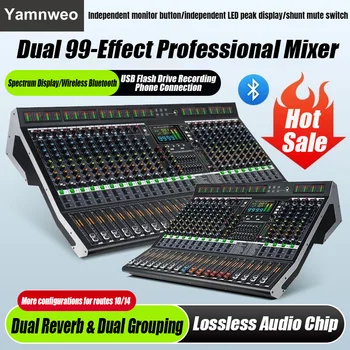 YAMNWEO Professional 10-Channel Mixer with 99 DSP Reverb Effects, Professional Audio Mixing Console with Bluetooth and USB, 7-Band Equalizer, High, Mid, Low Tone Adjustment, Suitable for Stage, Bar, DJ, Outdoor Performances, LVD Large Display Screen