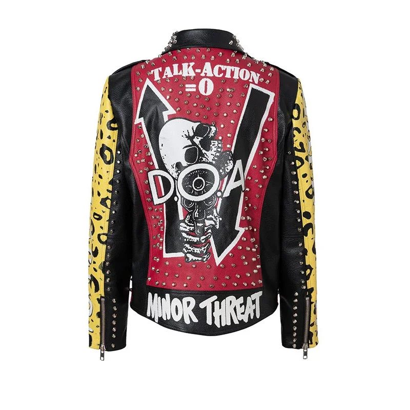 Graffiti Print Leather Jacket for Women's and Mens 2024 Punk Rivets Streetwear Contrast Stitched Faux Leather Motorcycle Jackets