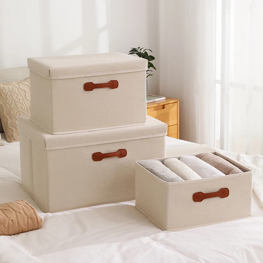 

18/30/45L Foldable Storage Box with Lid Cotton Canvas Wardrobe Clothing Toys Bags Shoes Organizer High Capacity for Home Bedroom