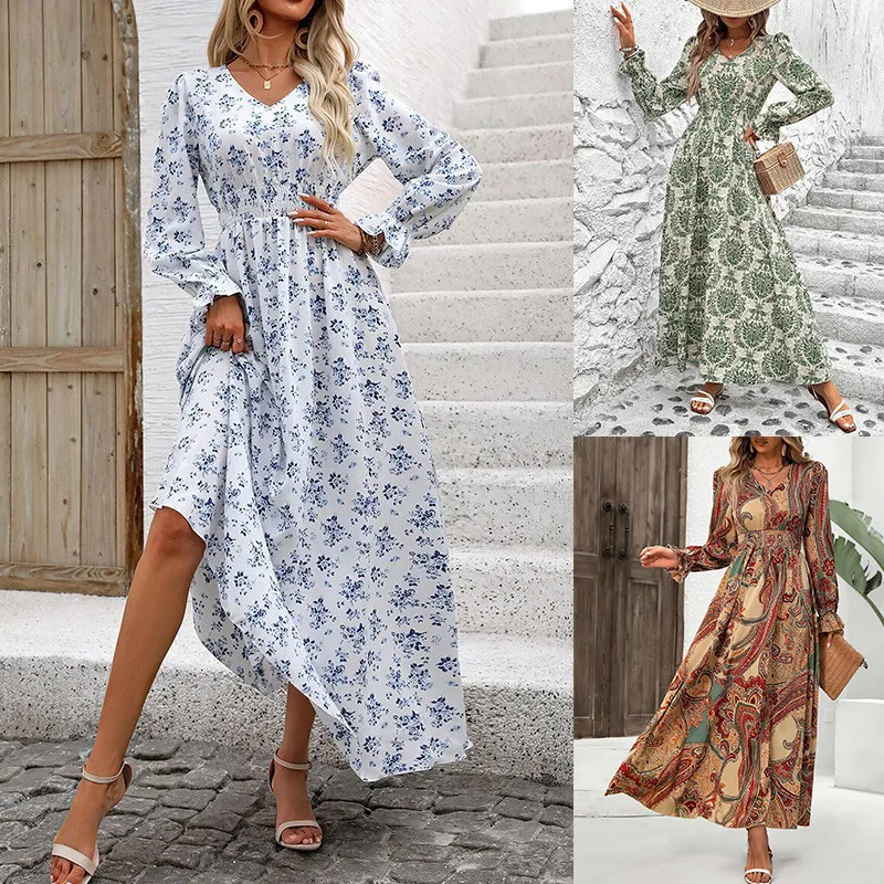 2025 Abito lungo ampio con scollo a V con stampa floreale da donna autunno a maniche lunghe Abito stile casual da sera formale alla moda ed elegante 2