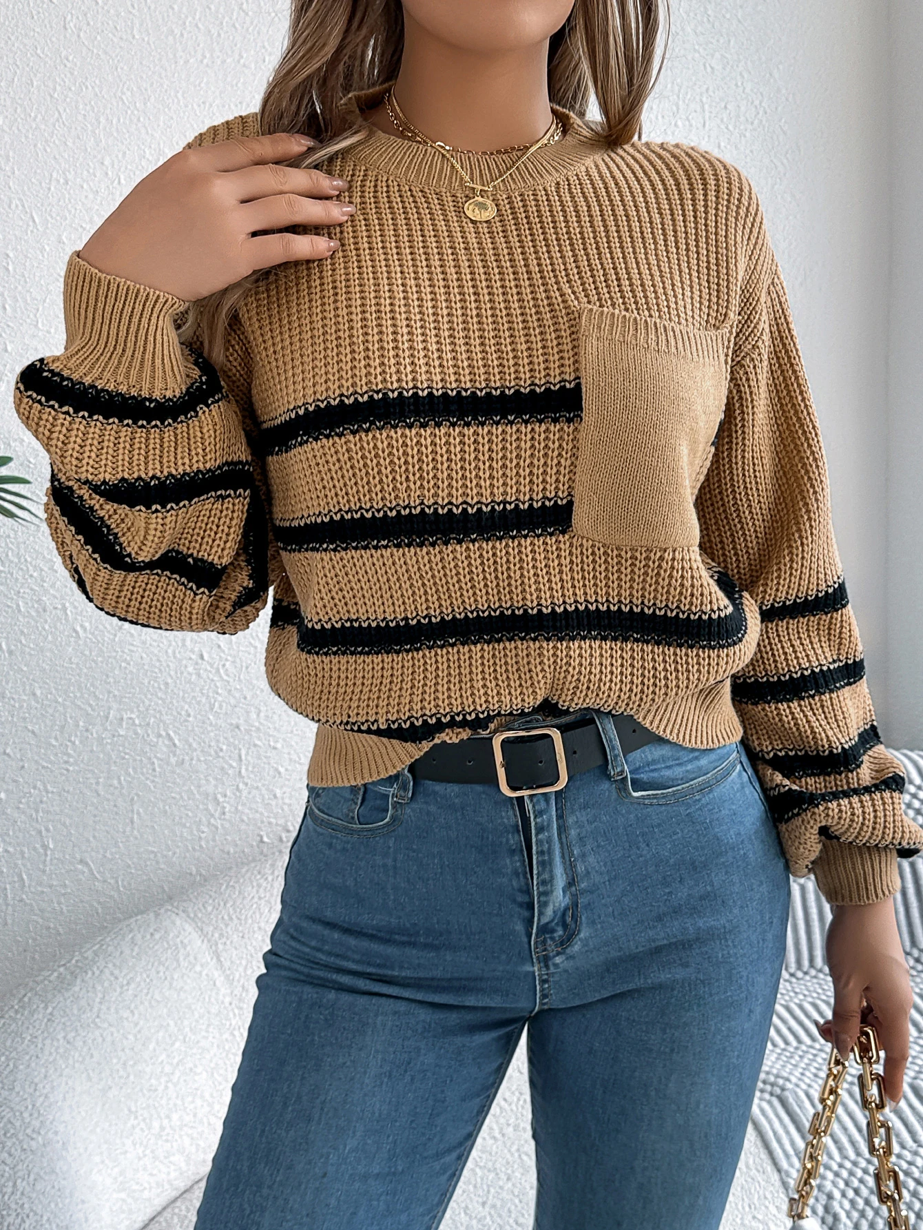 White Striped Knitted Sweater for Women Autumn Winter