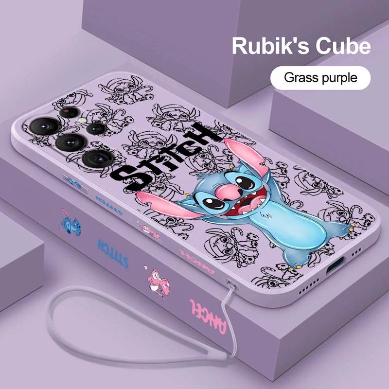 

Stitch Disney Cute Boy For Samsung Galaxy S23 S22 S21 Ultra S20 FE S10 S9 Plus Lite 5G Liquid Left Rope Phone Case