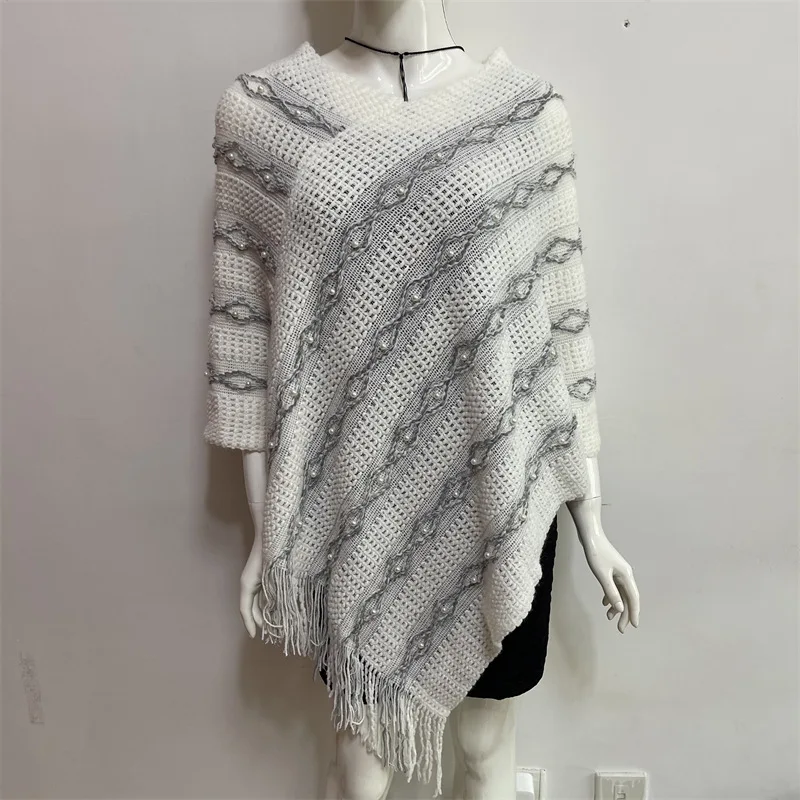 European  American Women Spring Autumn New Lazy Wind V-neck Tassel Nail Bead Cloak Sweater Lady Scarf  Cloak keep Warm White