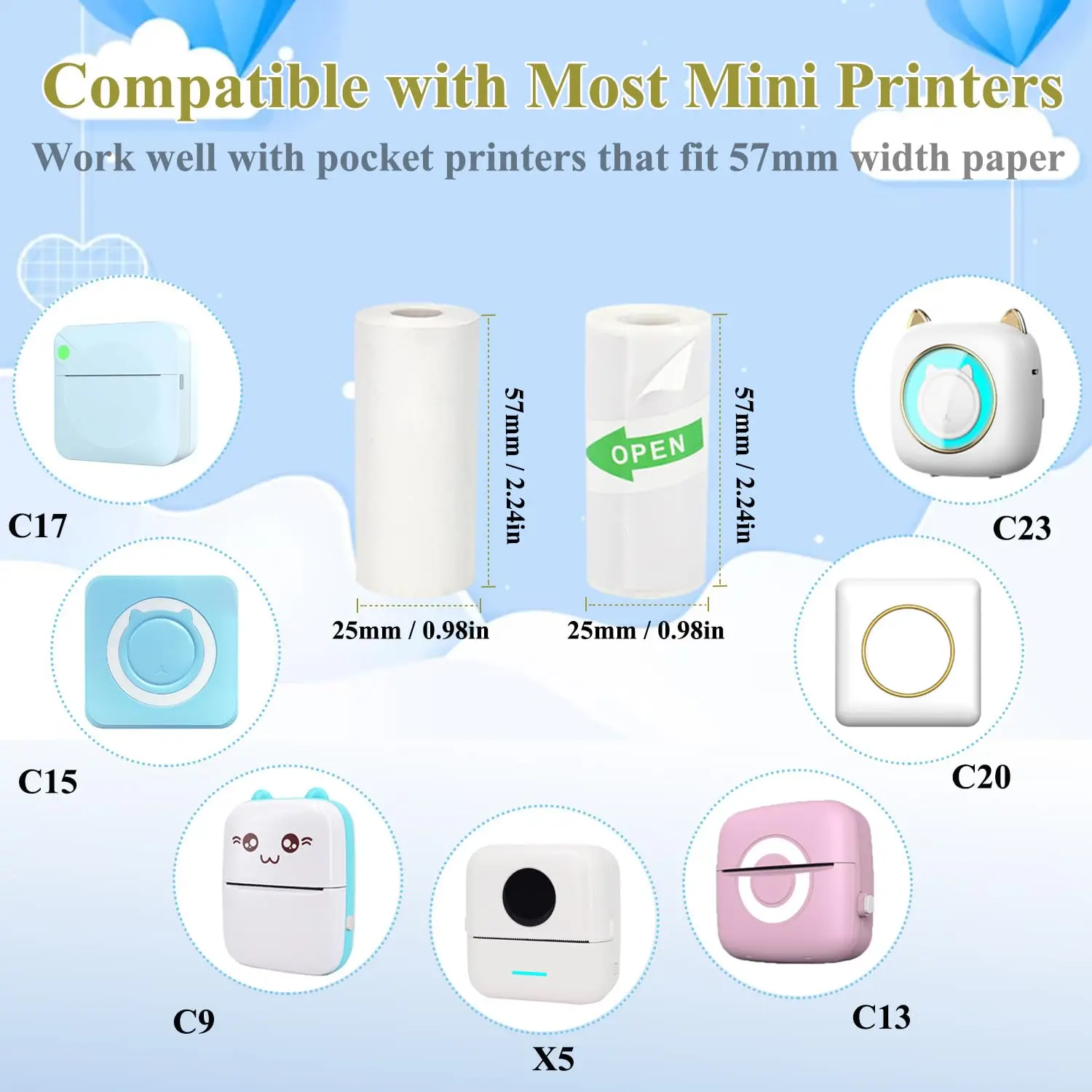 Printer Sticker Paper Thermal Paper Roll Printing Label Sticker 13 Rolls Mini Thermal Printer Paper 57 x 30 mm Colorful Mini Printing Paper Roll and Self-Adhesive