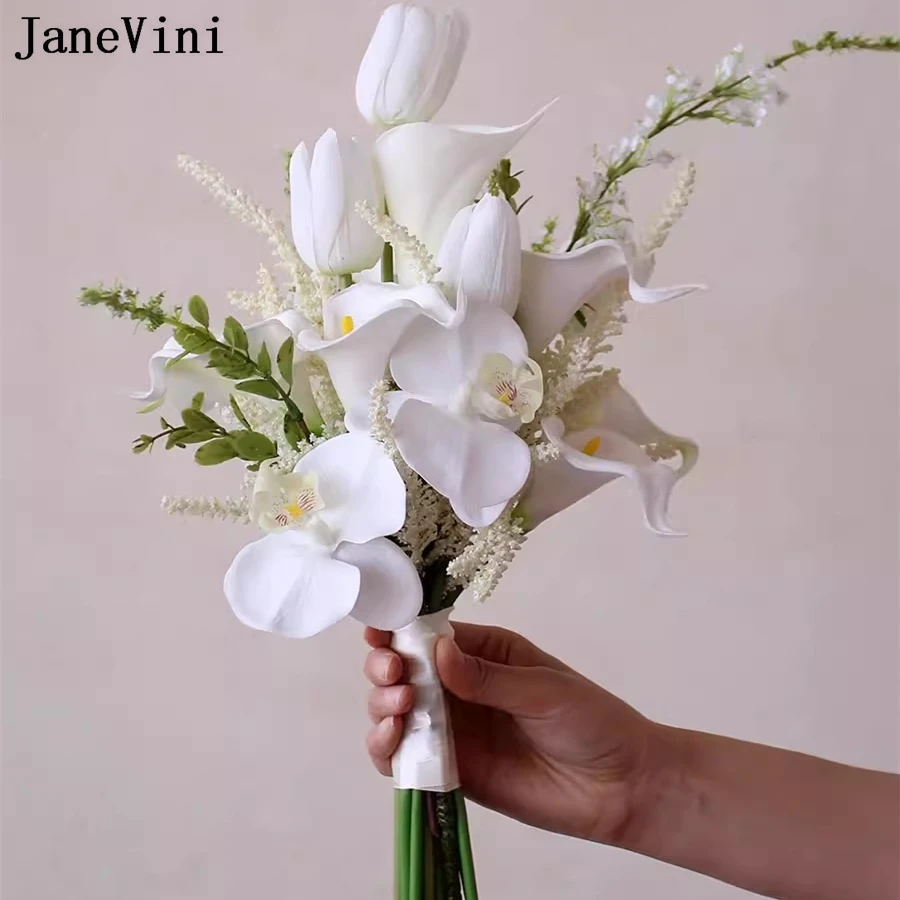 janevini-白い人工シルクの花の花束花嫁介添人のためのウェディングブーケのための本物のタッチの唇の呼び出し