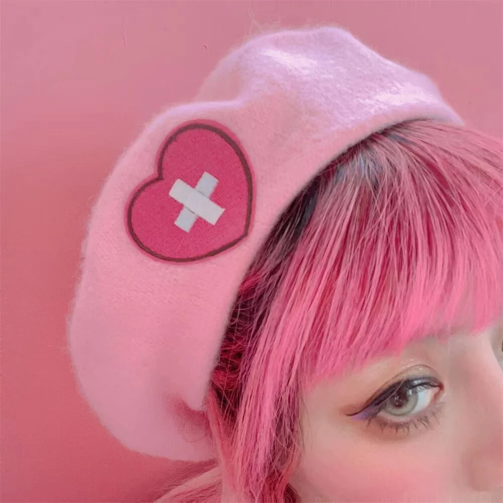 Pink Girl Beret Japanese Cute Harajuku Y2K Hot Girl Sweet Heart Love Cross Wool Embroidery Kawaii Women Hat Lolita Accessories 1