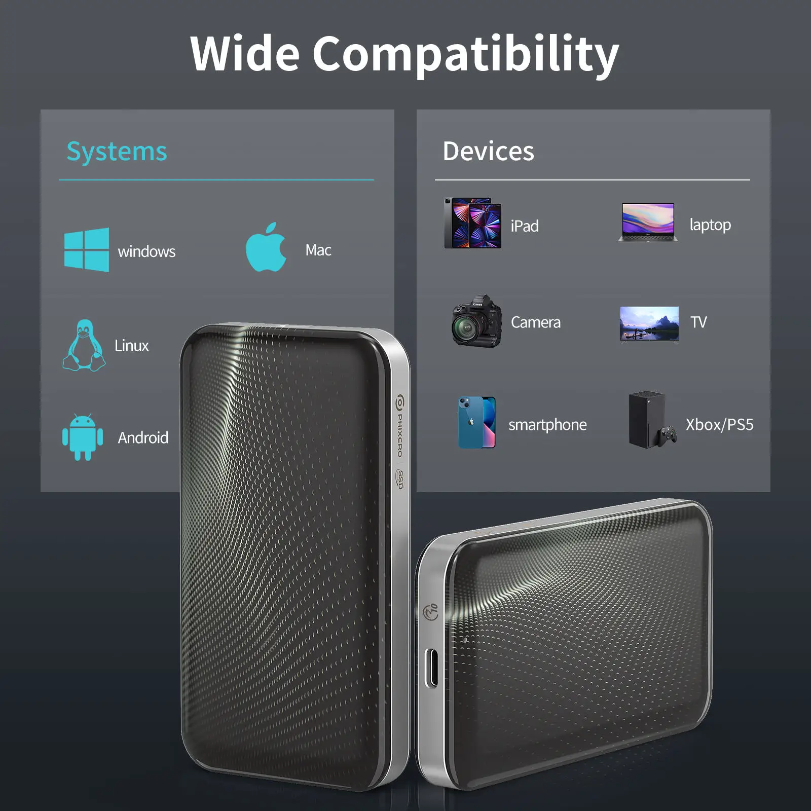 PHIXERO 40Gbps 휴대용 SSD, 썬더볼트 3 4, USB3.2, USB 3.1, 3.0 타입-C, USB4.0 호환 솔리드 스테이트 드라이브 케이스