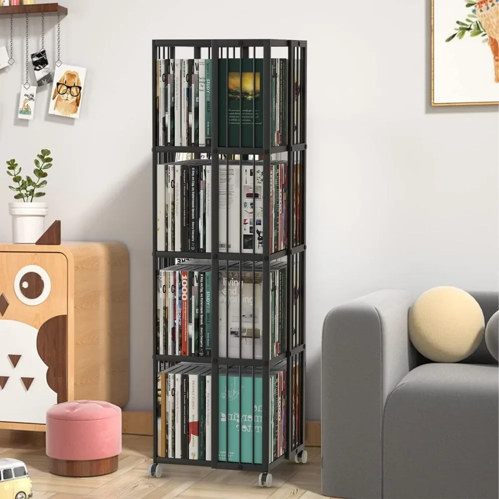 

Rotating Bookcase, Black 4 Tiers Metal Bookshelf, 360°Cubic Bookshelf with Storage and Creative Multi-Layer Shelves