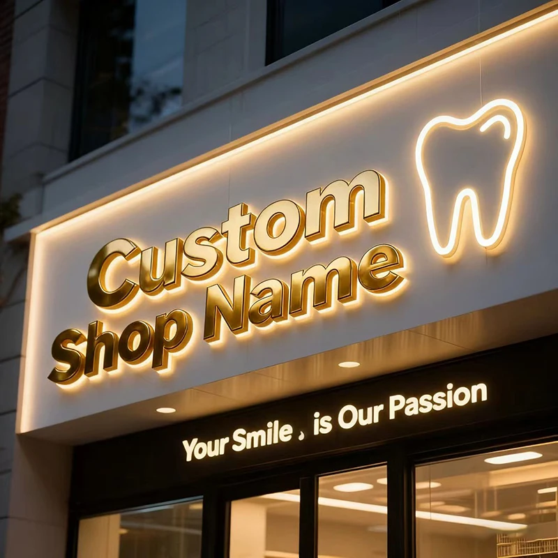 ป้ายธุรกิจแบบกำหนดเอง โลโก้ 3 มิติ ป้ายโลหะเรืองแสง ป้ายหน้าร้าน ป้ายสแตนเลส ป้ายคลินิกทันตกรรม ป้ายไฟ LED 1