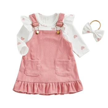 Pudcoco Infant Baby Girls 3Pcs Spring Outfits Heart Print Romper Suspender Skirt Headband Set Newborn Clothes 0-18M 1
