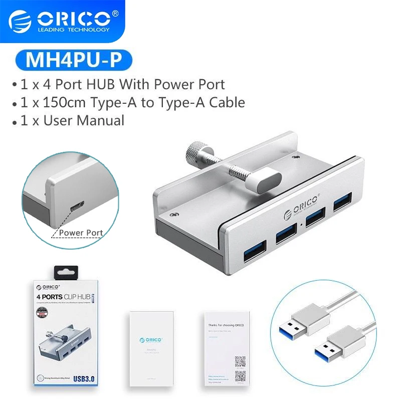 ORICO MH4PU 4 USB 3.0 허브(전원 공급 장치 포함) 초고속 확장 5GBPS 데이터 전송 노트북 액세서리에 적합