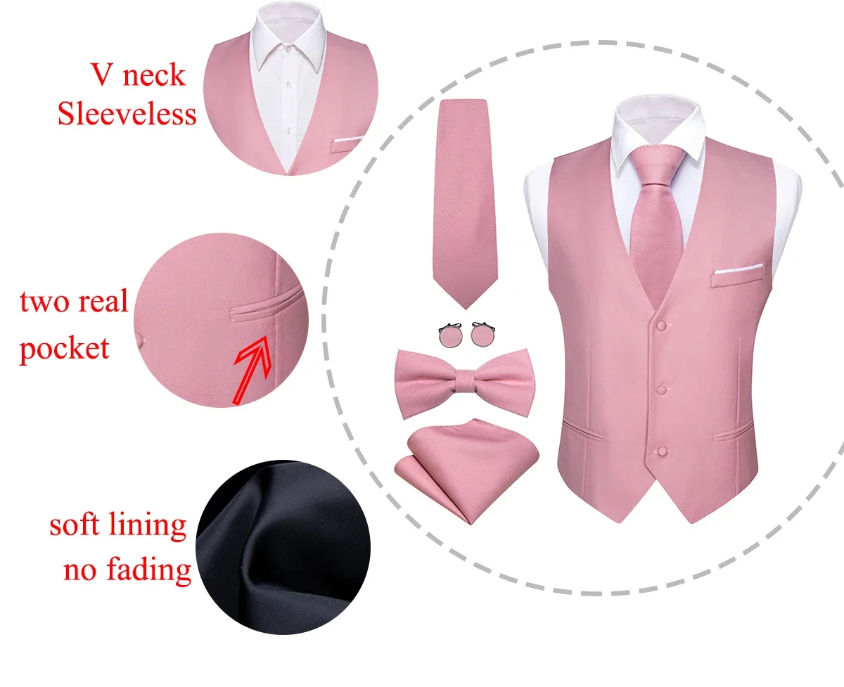 Description Picture 4 of itemElegant custom Vest for Men Pink Solid Satin Waistcoat Tie Bowtie Hanky Set Sleeveless Jacket Wedding Formal Male Gilet Suit