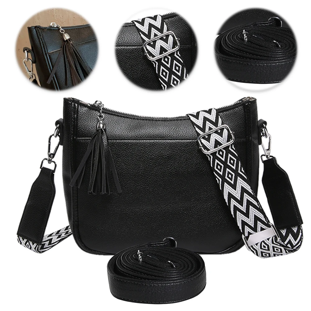 

Simple Shoulder Bag PU Leather Trendy Crossbody Bag with Tassel Designer Tote Bag Wide Strap Cell Phone Purse for Women