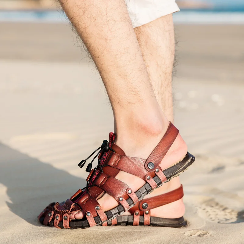 Man Casual Closed Toe Sandaler Läder Herr Promenader Utomhus Sandaler Sommar Strandskor Bekväma halkfria_voghion.com