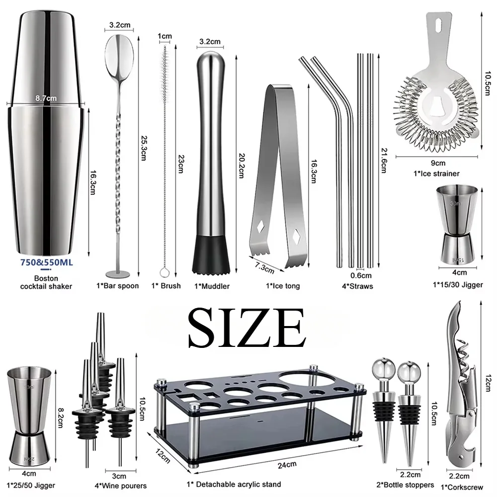 17PCS Boston Cocktail Shaker Set Bartender Tool Set Home Beverage Bar Martini Manhattan Mixer Cocktail Shaker Stainless Steel