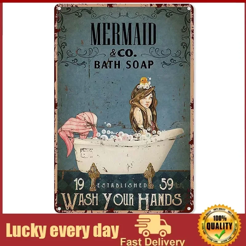 

Mermaid Bath Wash Your Hands Metal Tin Sign Bathroom Wall Art Vintage Coffee Bar Sign Office Home Aluminum Metal Retro Wall