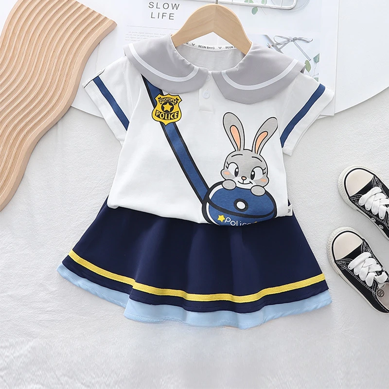 

Girls' Suit Summer Girls' Cartoon Print Lapel Preppy Top + Navy Style Skirt Two-piece Set Girls Clothes