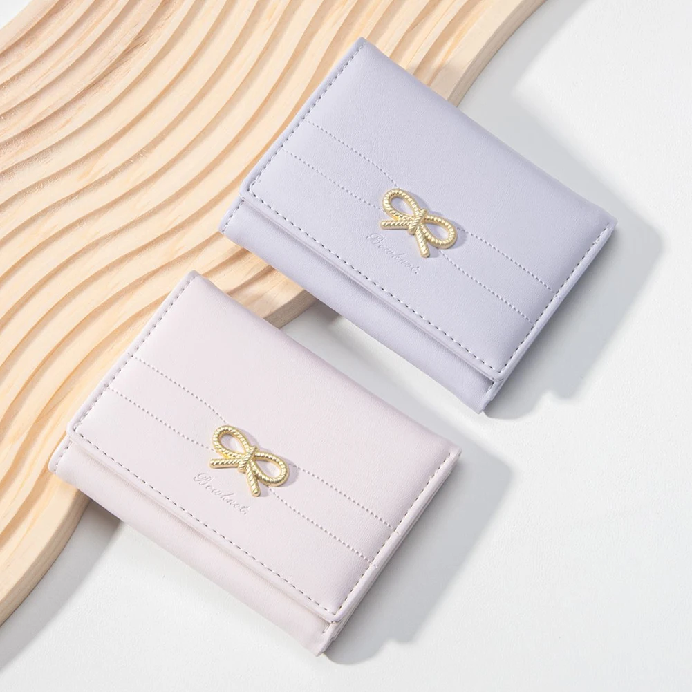 Women Bow Cute Coin Wallet Snap Closure PU Leather Card Bag Solid Color Short Wallet Bags Credit Card Holder Fashion Clutch Bag