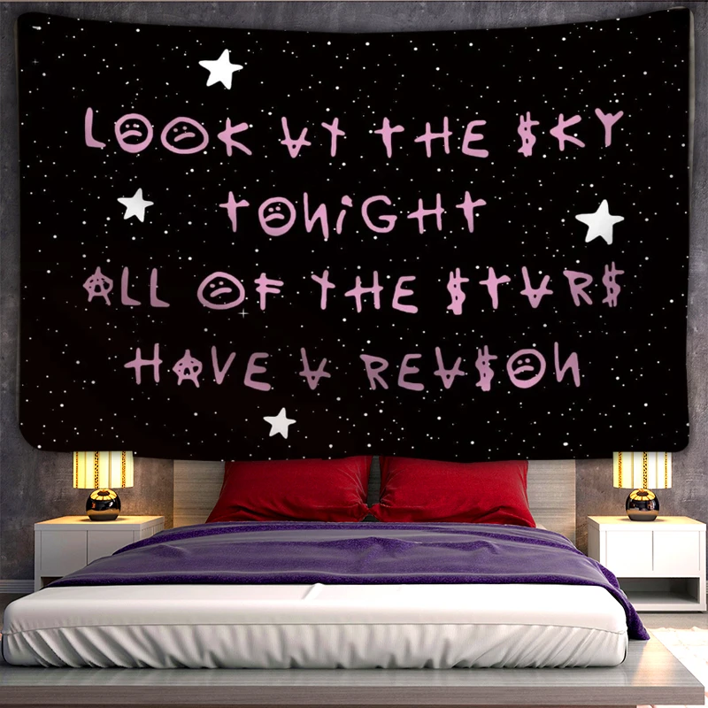 

Slogan Graphic Tapestry Black Starry Sky Shopping Lyrics Handwritten Wall Hanging Astrology Divination Bedspread Hippie Dorm Dec