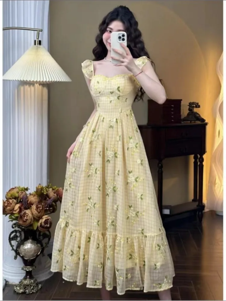 

French Floral Printed Midi Dresses for Women Summer New Holiday Beach Style Spaghetti Strap Party Dress Prom Robe Vestido Mujer