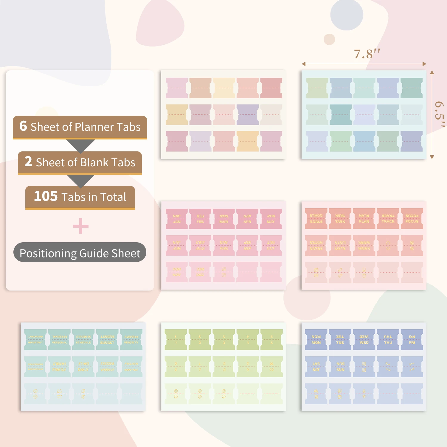 105 Separatori per Planner in Colori Pastello, Indici con Foglia d'Oro e Pagine Vuote, Separatori Autoadesivi Laminati per Diari e Agende - immagine 2