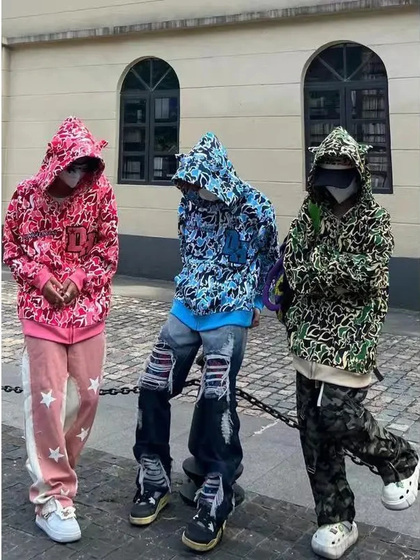 여성용 하라주쿠 악마 자수 후드티, 오버사이즈 위장 스웻셔츠, 고스 집업 후드티, Y2k 의류, 스트리트웨어, 고품질