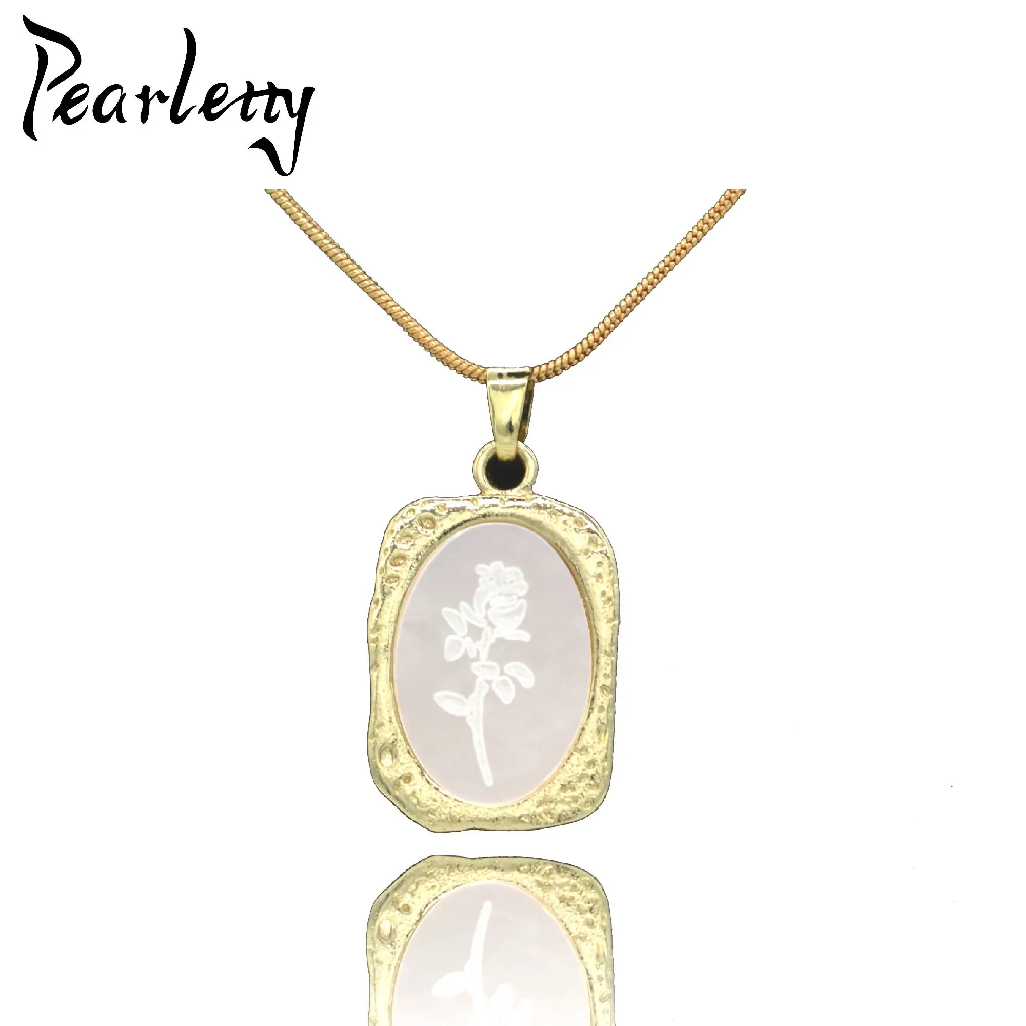 

Pearletty Dainty Pendant Chain Necklace Withe Shell Base with Rose Relief 18k Gold Round Herringbone Chain Neckalce Jewelry Gift