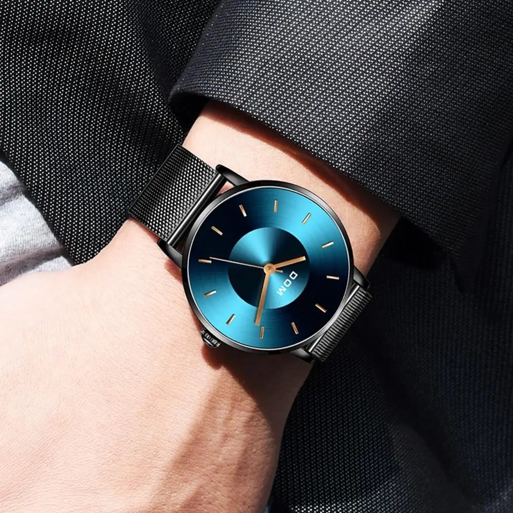 DOM New Top Luxury Brand Men Wrist Watch Quartz Clock Blue Dial Slim Watch Men Waterproof Sport Relogio Masculino M-1289BK
