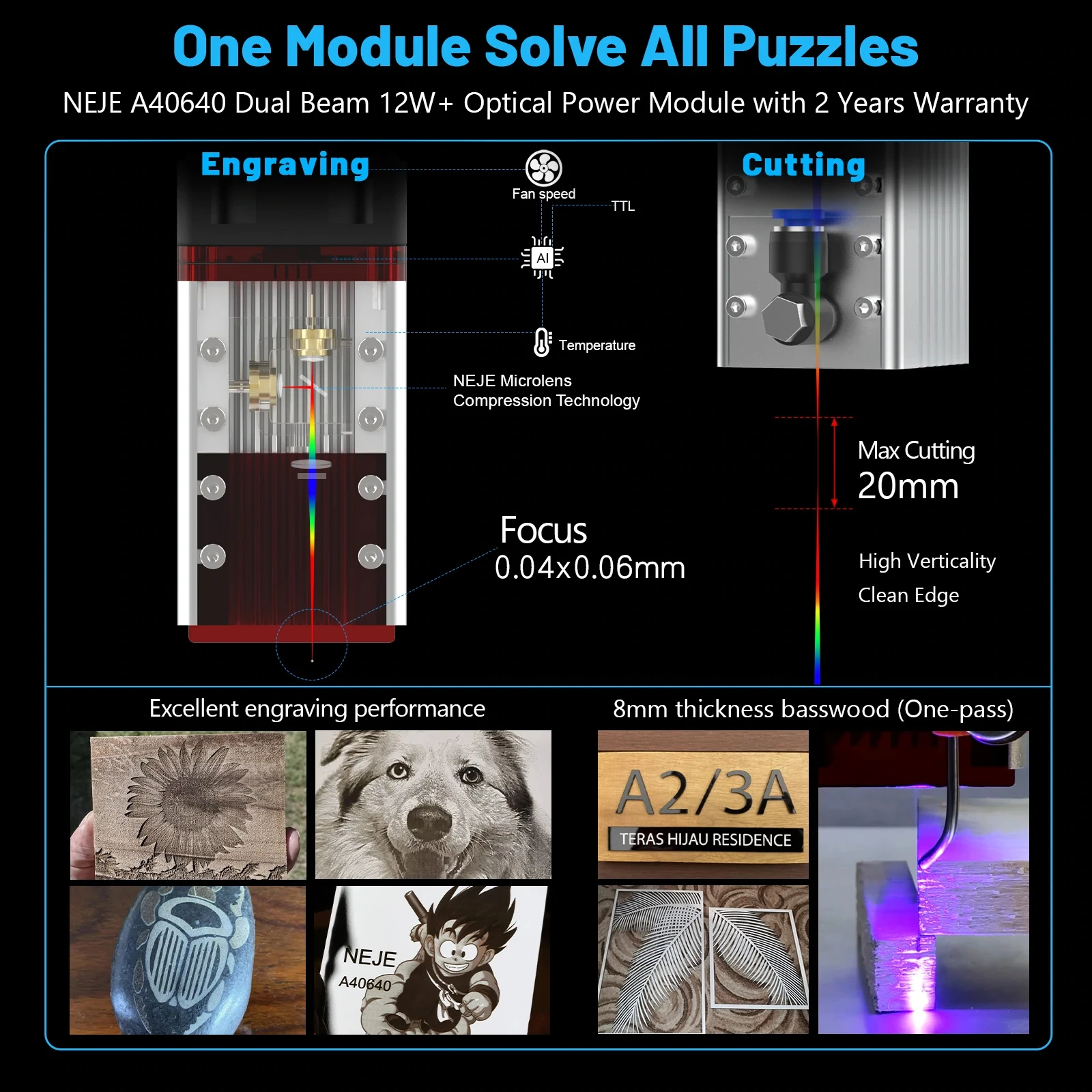 NEJE-Módulo Laser de Feixe Duplo, Assist de Ar Integrado, Gravador CNC, Corte de Madeira, Gravação em Metal, Ferramenta Inteligente, 80W, 450nm