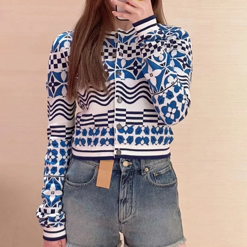 Jacquard Cropped Knit Cardigan Monogram Flower Tile Thick Sweater Luxury Brand Women Tops Autumn Winter Knitwear Coat Clothing