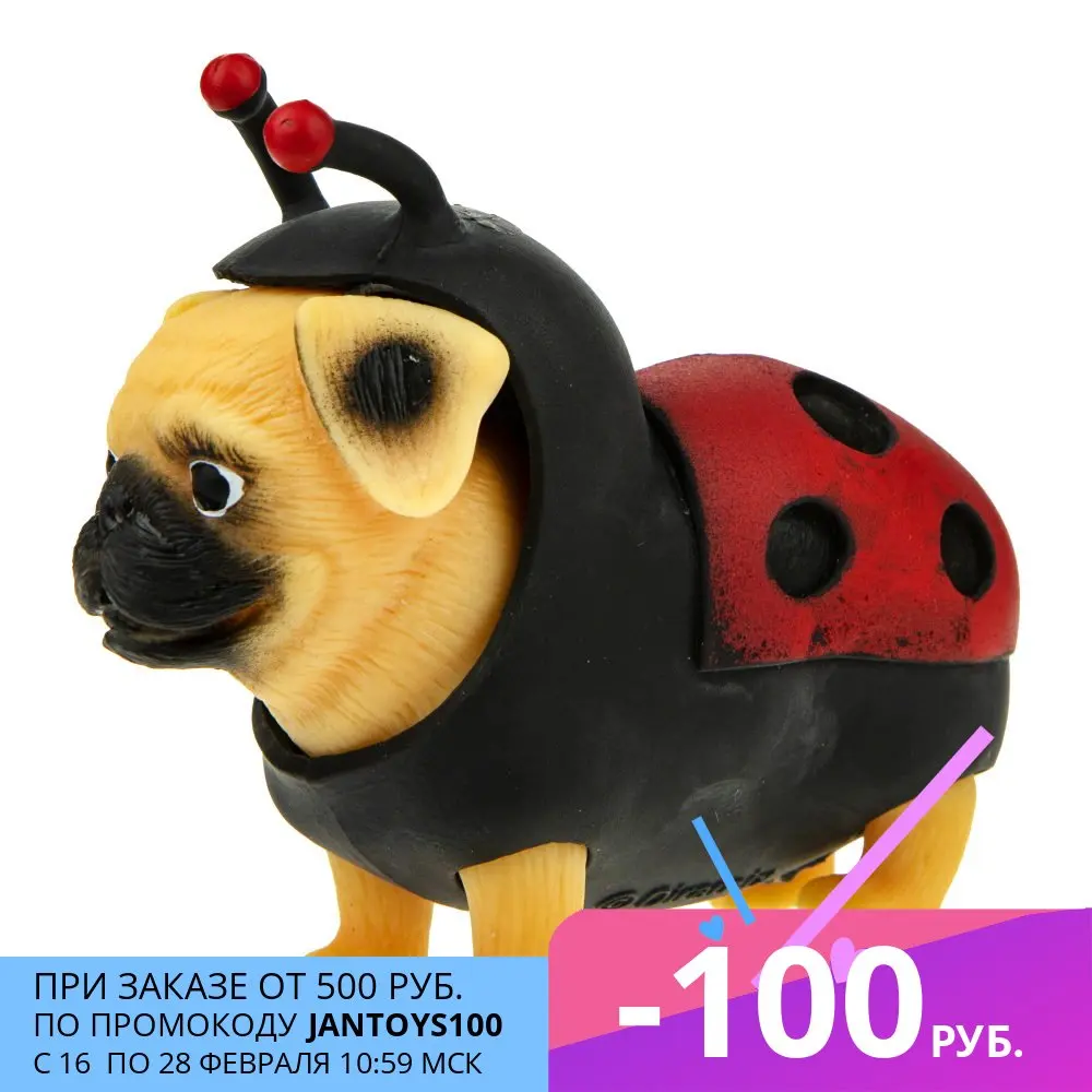 Собачка на прокачку 1toy Мопс-божья коровка тянущаяся собачка в костюмчике 10см