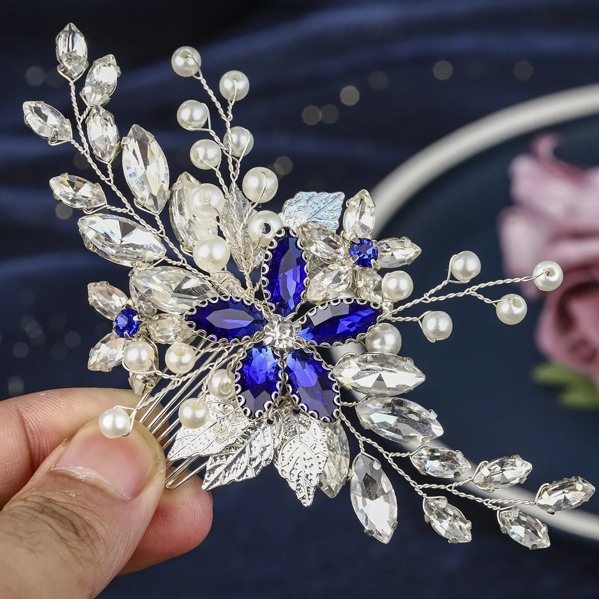 Blauer Kristall Braut-Haarkamm Funkelnde Strass-Haarspangen Kopfschmuck für Damen Mode Bankett Party Haaraccessoires – Detail 14
