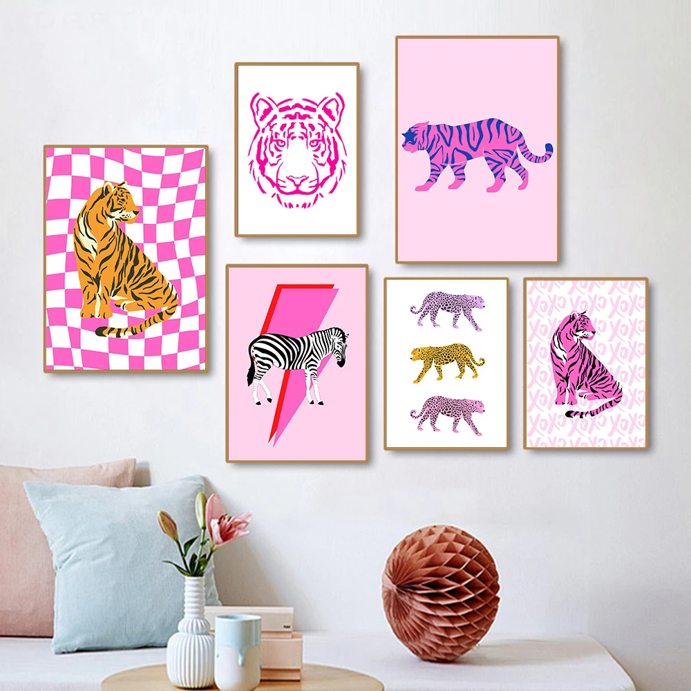 Pink Lightning Zebra Preppy Wall Art Canvas Painting Leopard Head Tiger