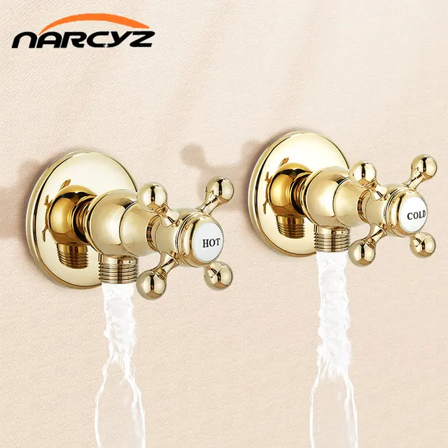 วาล์วทองเหลืองทรงสามเหลี่ยมแบบยุโรป วาล์วน้ำร้อน/น้ำเย็น ล้อหมุนทรงพลัม สีทองคลาสสิก วาล์วโถสุขภัณฑ์ XR1819 1