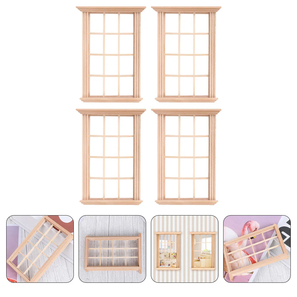 4 Pcs Small House Home Decor Dollhouse Window Furniture Wooden Pretend Outdoor Toddler Toys Play Mini Model Child