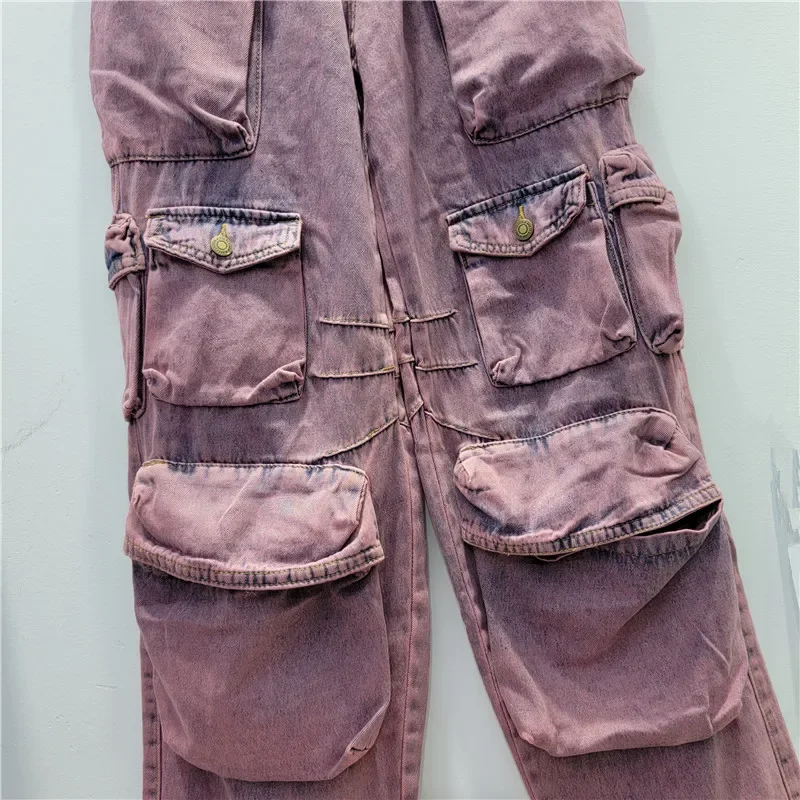 Cargo Pants Women 2023 Autumn Winter Washed Cotton Gradient Color Multi-Pocket High Waist Slimming Straight Overalls Jeans