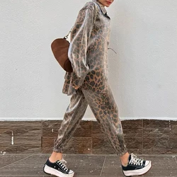 Harajuku Vintage Leopard Print Women Outfits Spring Single Breasted Lapel Shirt and Slim Pants Suit Autumn Long Sleeve Coat Sets