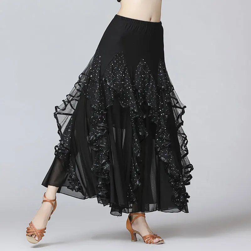 

Sequin Modern Dance Skirt for Women Flamenco Dance Skirts Long Swing Standard Waltz Competition Spanish Ballroom Dancing Tango