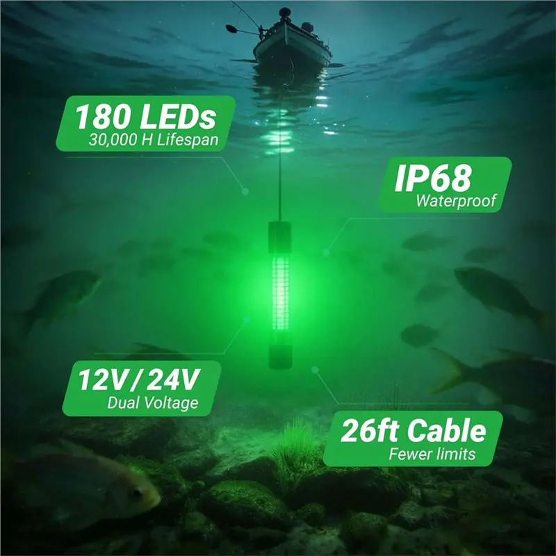 AA05 수중 낚시등 이중 전압 12V-24V, 보트, 얼음, 부두, 바닷물 및 담수 낚시용 해상 낚시등